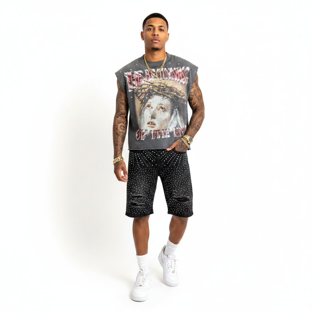 RARE PEACE WASHED HEAVY TEE W/ RHINESTO