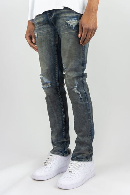 SLIM FIT DISTRESSED DENIM PANTS ROAD