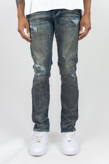 SLIM FIT DISTRESSED DENIM PANTS ROAD