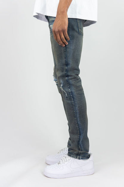 SLIM FIT DISTRESSED DENIM PANTS ROAD